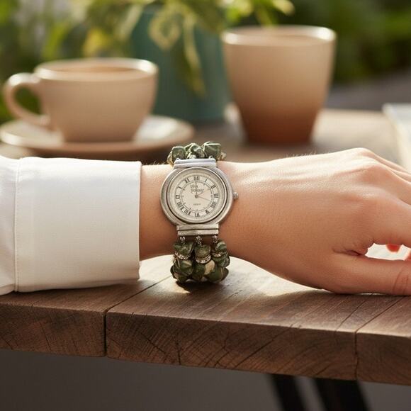 Rare Erica Courtney Women’s Watch – 1990s Quartz w/ Green Jasper Stone Bracelet